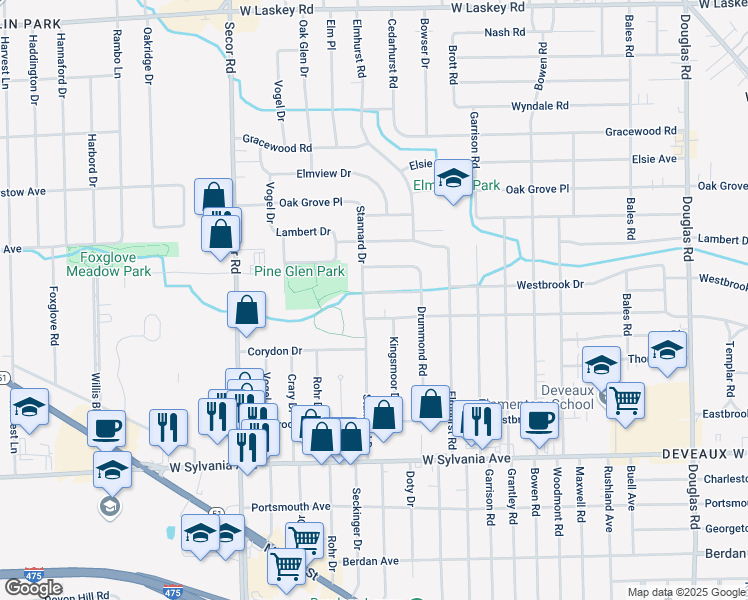 map of restaurants, bars, coffee shops, grocery stores, and more near 3049 Westbrook Dr in Toledo