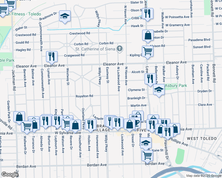 map of restaurants, bars, coffee shops, grocery stores, and more near 4322 Eastway Street in Toledo