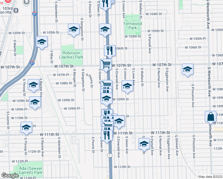 map of restaurants, bars, coffee shops, grocery stores, and more near 10831 South Halsted Street in Chicago