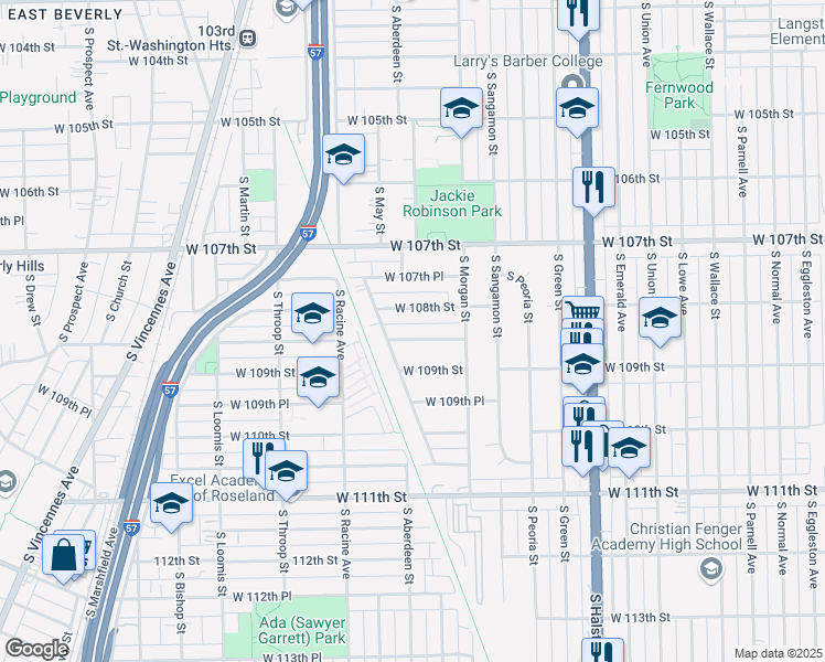map of restaurants, bars, coffee shops, grocery stores, and more near 1052 West 108th Place in Chicago