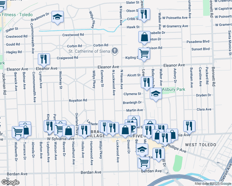 map of restaurants, bars, coffee shops, grocery stores, and more near 4308 North Lockwood Avenue in Toledo