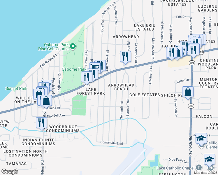 map of restaurants, bars, coffee shops, grocery stores, and more near 980 Cherokee Trail in Willoughby