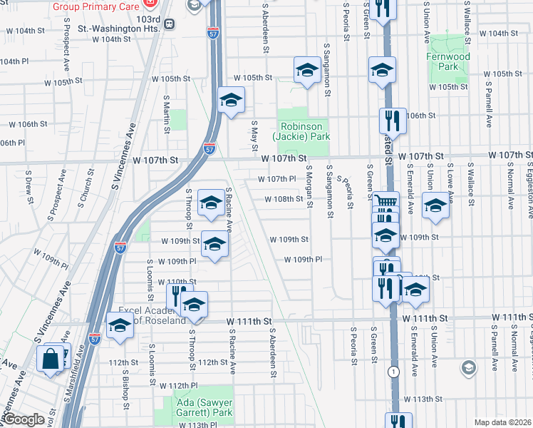 map of restaurants, bars, coffee shops, grocery stores, and more near 1052 West 108th Place in Chicago