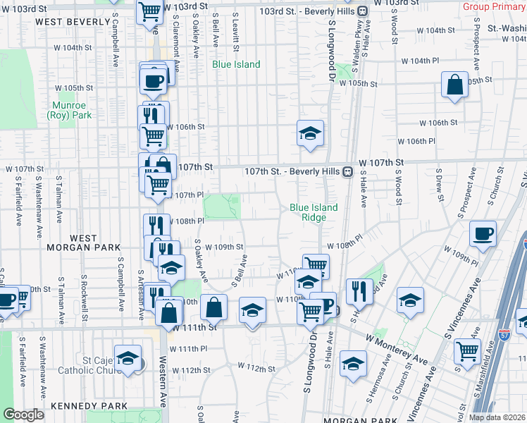 map of restaurants, bars, coffee shops, grocery stores, and more near 2122 West 108th Place in Chicago