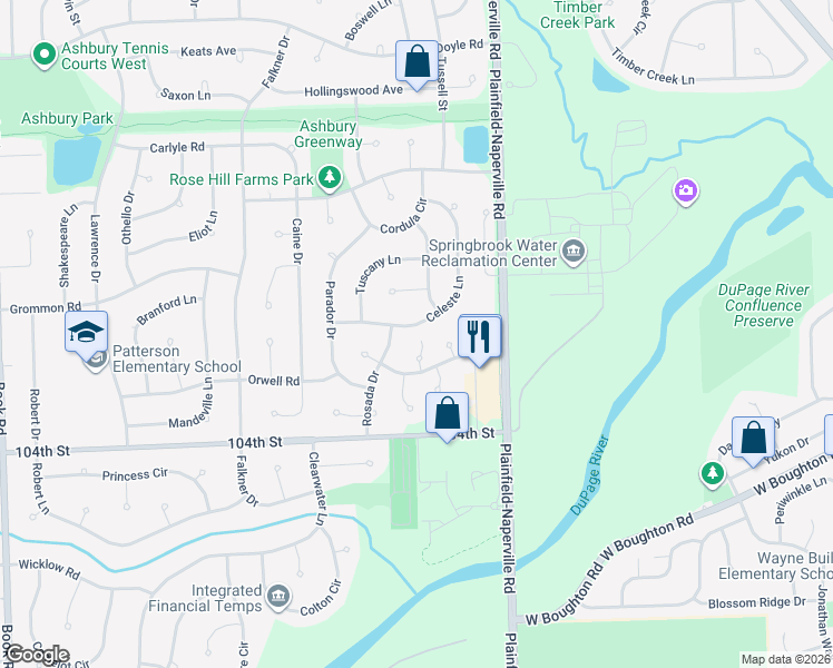 map of restaurants, bars, coffee shops, grocery stores, and more near 3816 Celeste Lane in Naperville