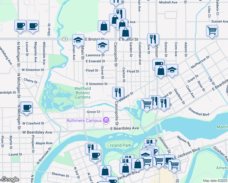 map of restaurants, bars, coffee shops, grocery stores, and more near 1109 Cassopolis Street in Elkhart