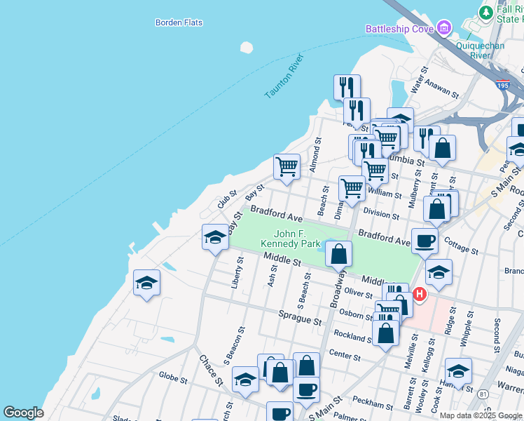 map of restaurants, bars, coffee shops, grocery stores, and more near 61 Bradford Avenue in Fall River