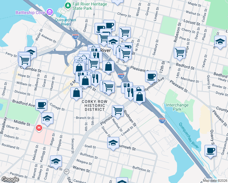 map of restaurants, bars, coffee shops, grocery stores, and more near 17 John Street in Fall River