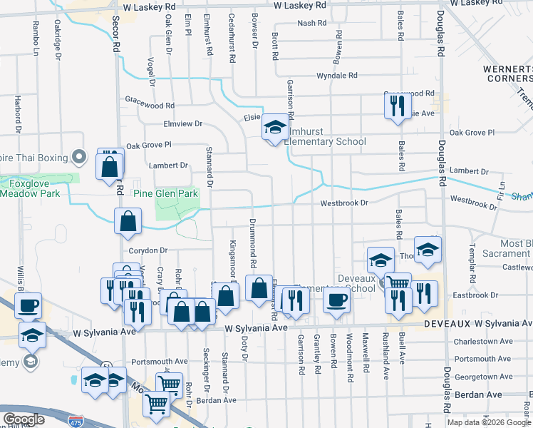 map of restaurants, bars, coffee shops, grocery stores, and more near 4315 Elmhurst Rd in Toledo