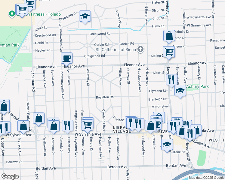 map of restaurants, bars, coffee shops, grocery stores, and more near 4322 Lowe Road in Toledo