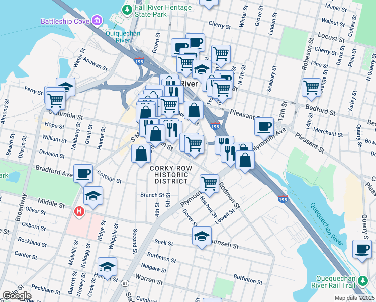 map of restaurants, bars, coffee shops, grocery stores, and more near 17 John Street in Fall River