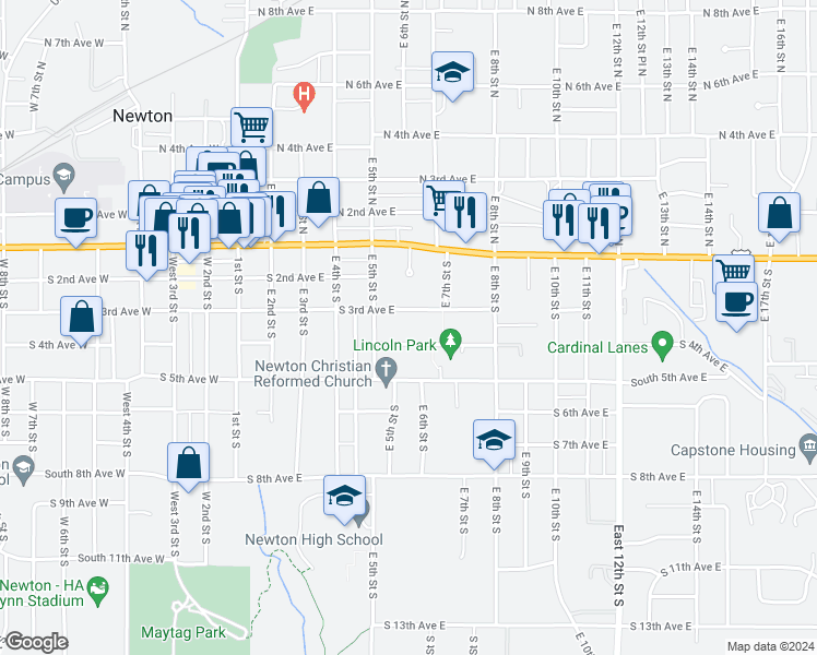 map of restaurants, bars, coffee shops, grocery stores, and more near in Newton