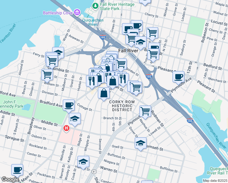 map of restaurants, bars, coffee shops, grocery stores, and more near 82 Wade Street in Fall River