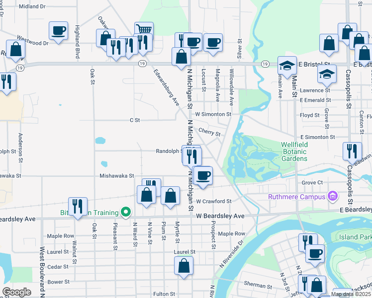 map of restaurants, bars, coffee shops, grocery stores, and more near 1000-1076 Randolph Street in Elkhart