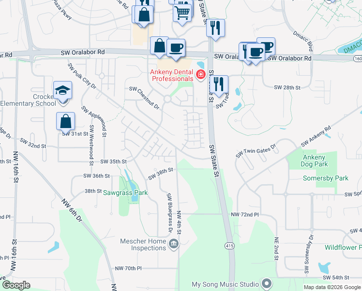 map of restaurants, bars, coffee shops, grocery stores, and more near 3202 Southwest Sharmin Lane in Ankeny