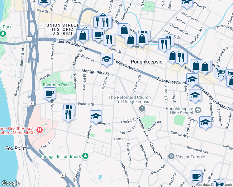 map of restaurants, bars, coffee shops, grocery stores, and more near 33 Hooker Avenue in Poughkeepsie
