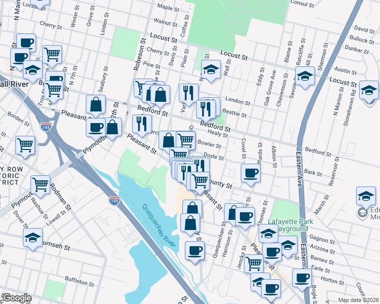 map of restaurants, bars, coffee shops, grocery stores, and more near 910 Pleasant Street in Fall River