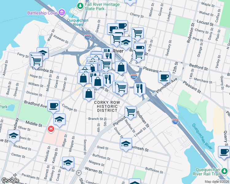map of restaurants, bars, coffee shops, grocery stores, and more near 208 Rodman Street in Fall River