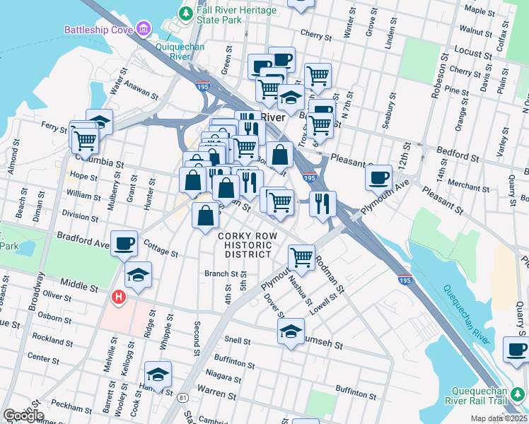 map of restaurants, bars, coffee shops, grocery stores, and more near 208 Rodman Street in Fall River