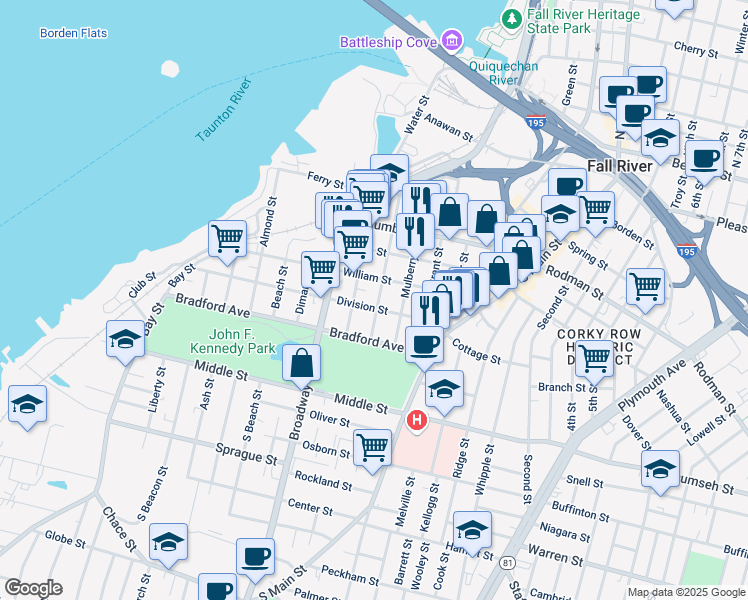 map of restaurants, bars, coffee shops, grocery stores, and more near 424 Division Street in Fall River