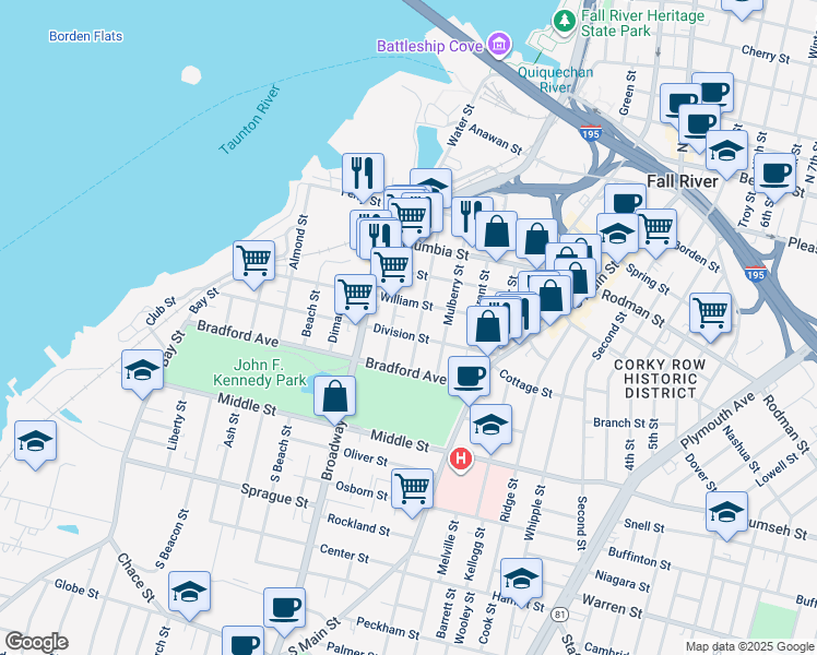 map of restaurants, bars, coffee shops, grocery stores, and more near 424 Division Street in Fall River