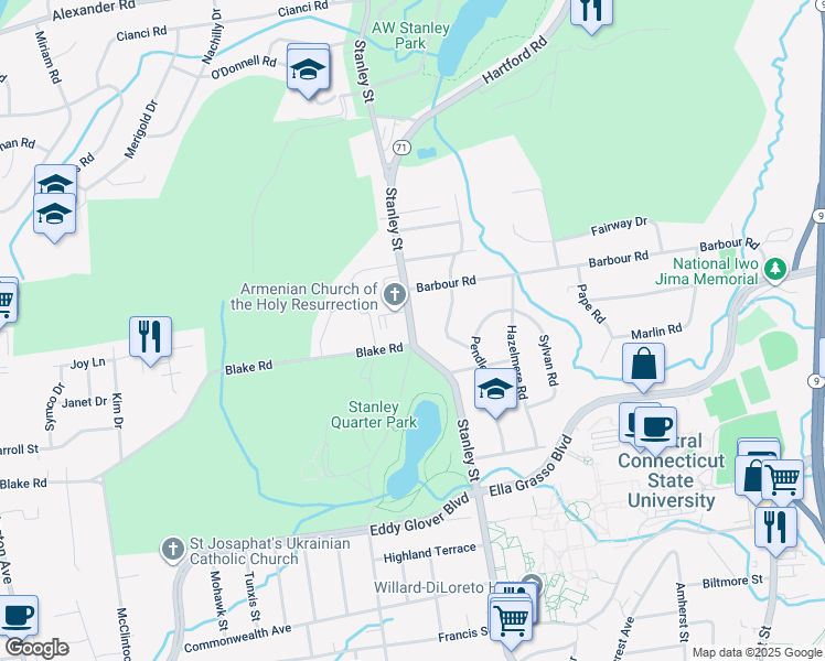 map of restaurants, bars, coffee shops, grocery stores, and more near in New Britain