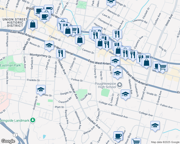 map of restaurants, bars, coffee shops, grocery stores, and more near 101 South Cherry Street in Poughkeepsie