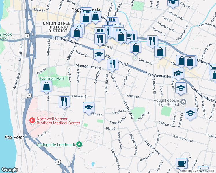 map of restaurants, bars, coffee shops, grocery stores, and more near 33 Hooker Avenue in Poughkeepsie