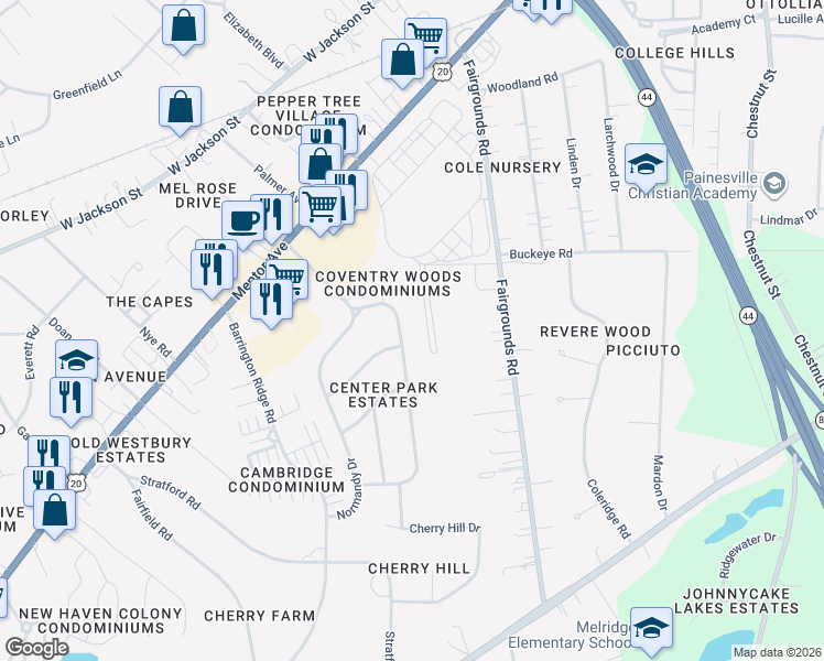 map of restaurants, bars, coffee shops, grocery stores, and more near 95 Coventry Drive in Painesville