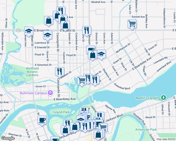 map of restaurants, bars, coffee shops, grocery stores, and more near 1053 Johnson St in Elkhart