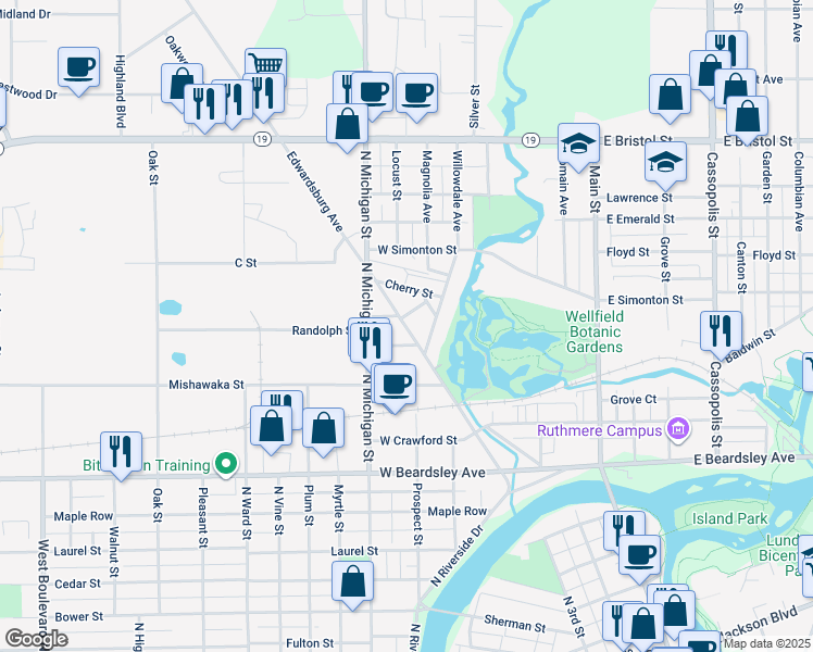 map of restaurants, bars, coffee shops, grocery stores, and more near 1123 Edwardsburg Avenue in Elkhart