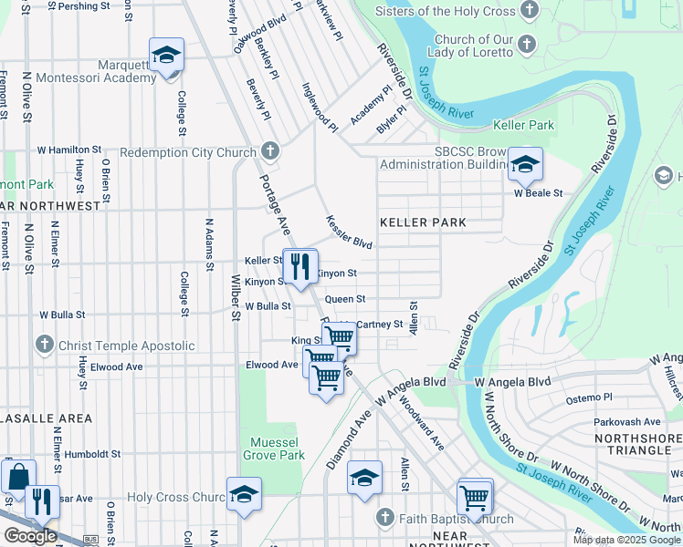 map of restaurants, bars, coffee shops, grocery stores, and more near 1250 Kinyon Street in South Bend