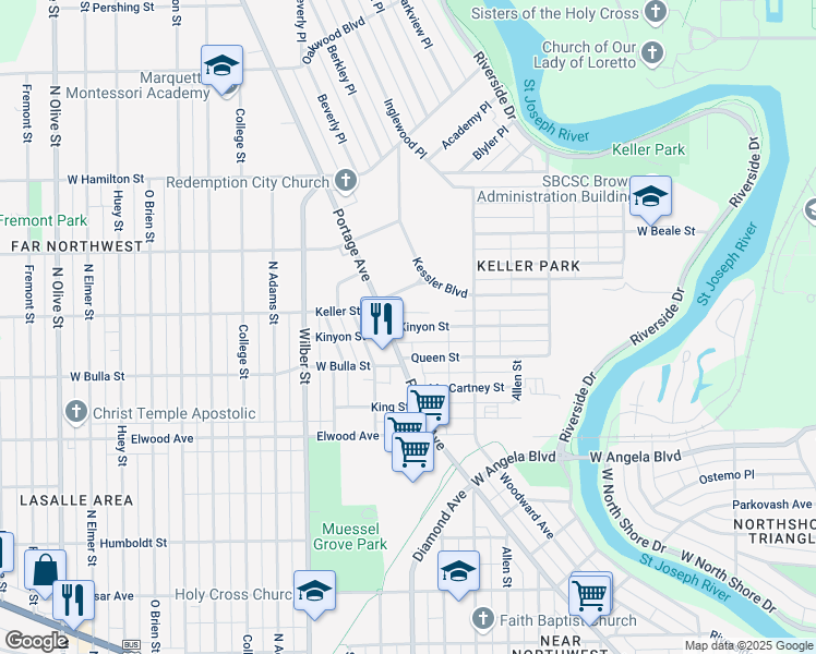 map of restaurants, bars, coffee shops, grocery stores, and more near 1250 Kinyon Street in South Bend