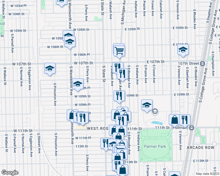 map of restaurants, bars, coffee shops, grocery stores, and more near 10834 South Wabash Avenue in Chicago