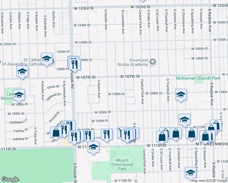 map of restaurants, bars, coffee shops, grocery stores, and more near 10759 South Hamlin Avenue in Chicago