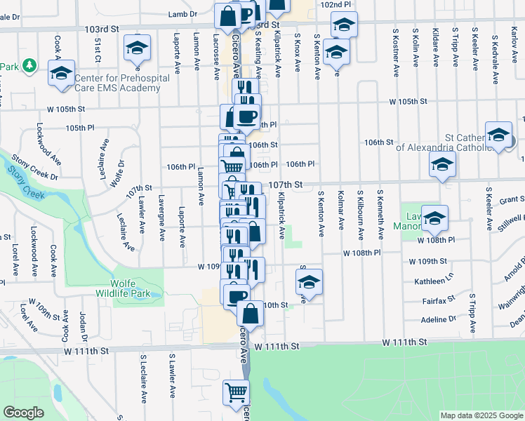 map of restaurants, bars, coffee shops, grocery stores, and more near 10732 Kilpatrick Avenue in Oak Lawn