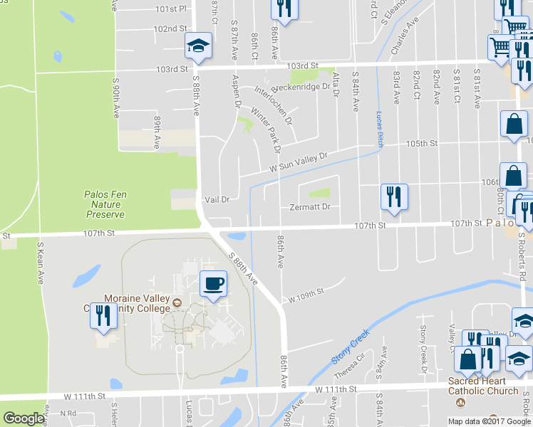 map of restaurants, bars, coffee shops, grocery stores, and more near 10675 Granada Court in Palos Hills