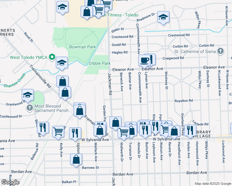 map of restaurants, bars, coffee shops, grocery stores, and more near 1661 Kalida Drive in Toledo