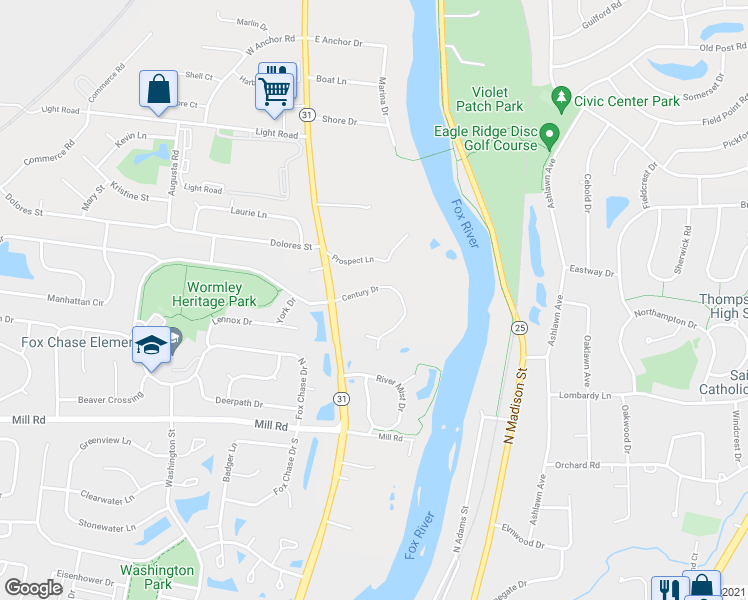 map of restaurants, bars, coffee shops, grocery stores, and more near 26 Century Drive in Oswego