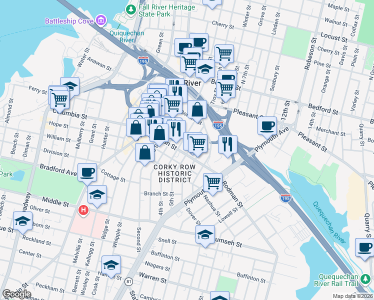 map of restaurants, bars, coffee shops, grocery stores, and more near 208 Rodman Street in Fall River