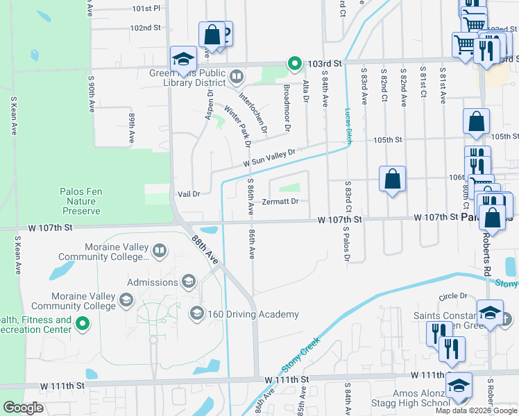 map of restaurants, bars, coffee shops, grocery stores, and more near 8549 Zermatt Drive in Palos Hills