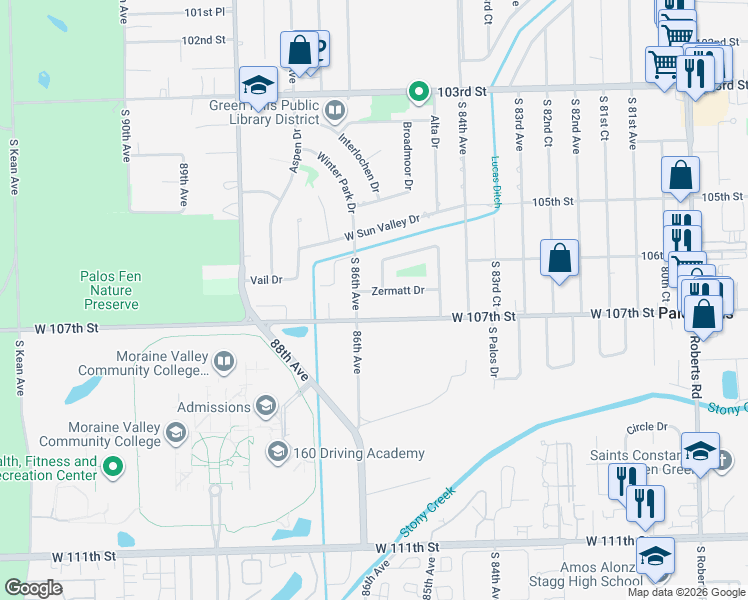map of restaurants, bars, coffee shops, grocery stores, and more near 8549 Zermatt Drive in Palos Hills