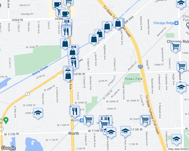 map of restaurants, bars, coffee shops, grocery stores, and more near 7001 West 107th Street in Worth