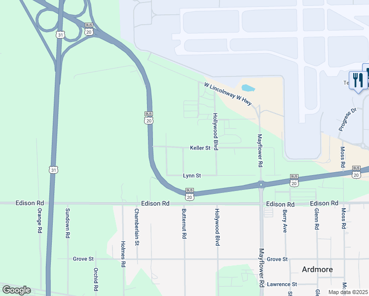 map of restaurants, bars, coffee shops, grocery stores, and more near 23838 Keller Street in South Bend