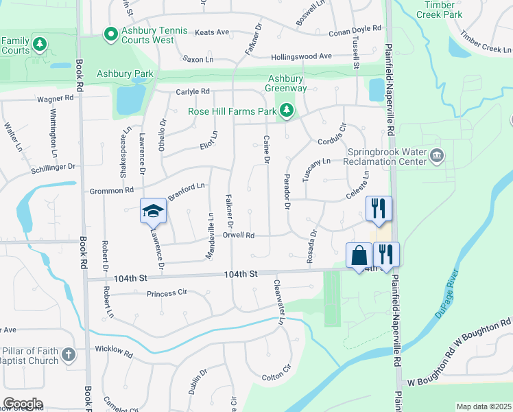 map of restaurants, bars, coffee shops, grocery stores, and more near 3739 Caine Drive in Naperville