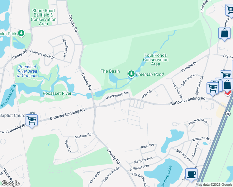 map of restaurants, bars, coffee shops, grocery stores, and more near 21 Observatory Lane in Bourne