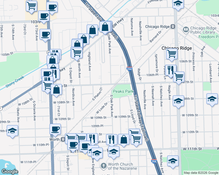 map of restaurants, bars, coffee shops, grocery stores, and more near 6801 West 107th Street in Worth