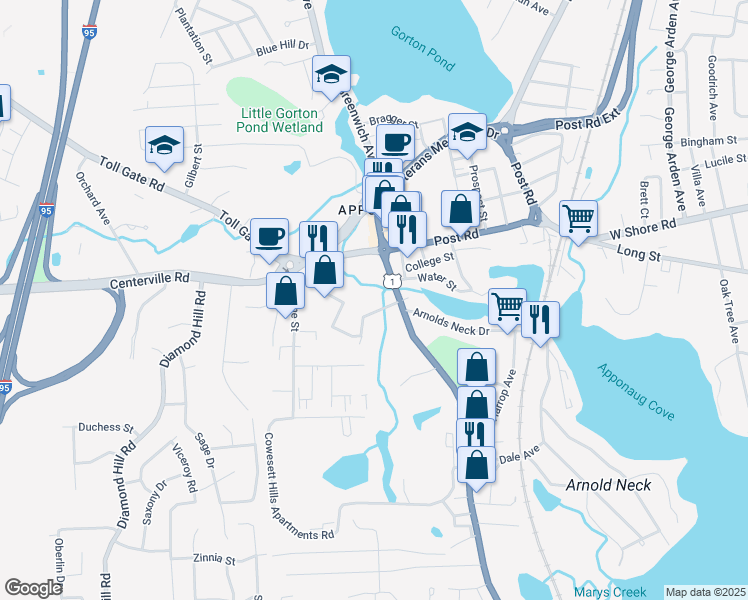 map of restaurants, bars, coffee shops, grocery stores, and more near 3377 Post Road in Warwick