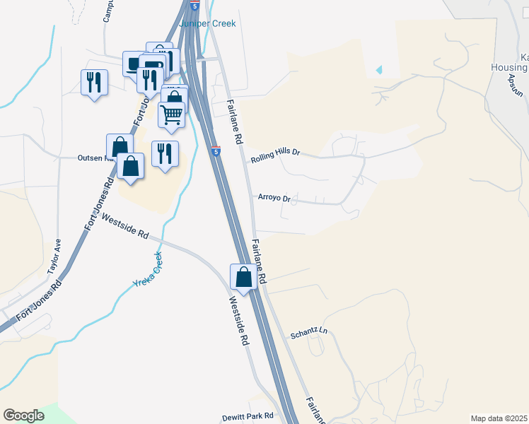 map of restaurants, bars, coffee shops, grocery stores, and more near 2325 Del Court in Yreka