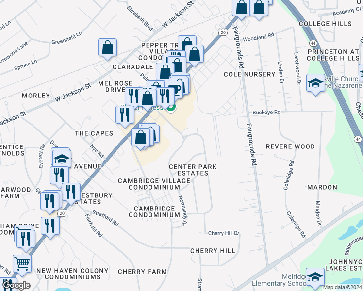 map of restaurants, bars, coffee shops, grocery stores, and more near 120 Normandy Drive in Painesville